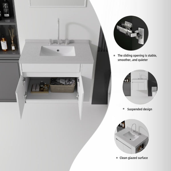 English Elm 30 Inch Wall Mounted Bathroom Vanity with Integrated Sink and Soft Close Plywood Cabinet White Granite White B2775S00211