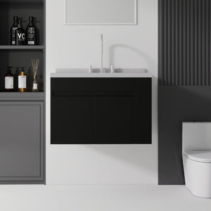 English Elm 30 Inch Wall Mounted Bathroom Vanity with Integrated Sink and Soft Close Plywood Cabinet Black Granite White B2775S00212
