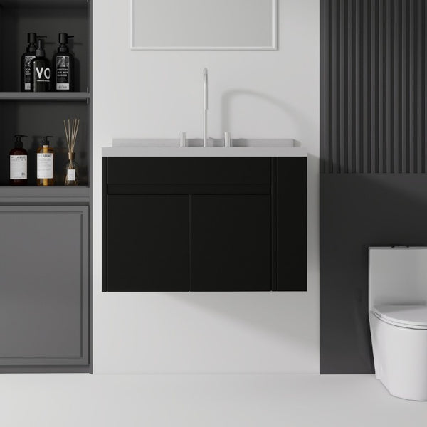 English Elm 30 Inch Wall Mounted Bathroom Vanity with Integrated Sink and Soft Close Plywood Cabinet Black Granite White B2775S00212