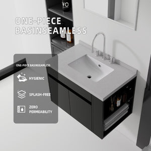 English Elm 30 Inch Wall Mounted Bathroom Vanity with Integrated Sink and Soft Close Plywood Cabinet Black Granite White B2775S00212