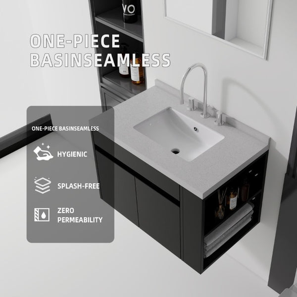 English Elm 30 Inch Wall Mounted Bathroom Vanity with Integrated Sink and Soft Close Plywood Cabinet Black Granite White B2775S00212