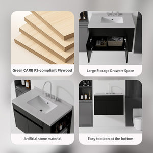 English Elm 30 Inch Wall Mounted Bathroom Vanity with Integrated Sink and Soft Close Plywood Cabinet Black Granite White B2775S00212