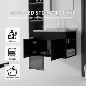 English Elm 30 Inch Wall Mounted Bathroom Vanity with Integrated Sink and Soft Close Plywood Cabinet Black Granite White B2775S00212