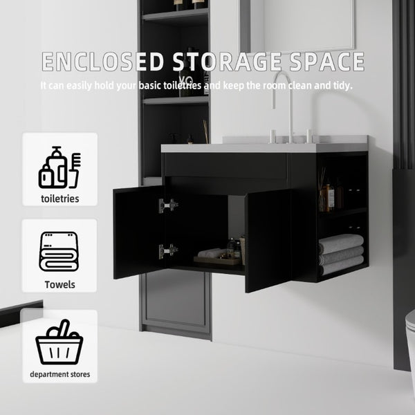 English Elm 30 Inch Wall Mounted Bathroom Vanity with Integrated Sink and Soft Close Plywood Cabinet Black Granite White B2775S00212