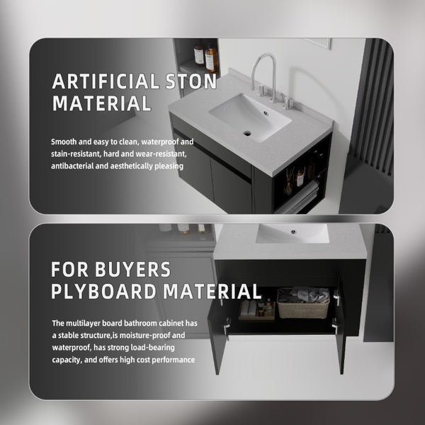 English Elm 30 Inch Wall Mounted Bathroom Vanity with Integrated Sink and Soft Close Plywood Cabinet Black Granite White B2775S00212
