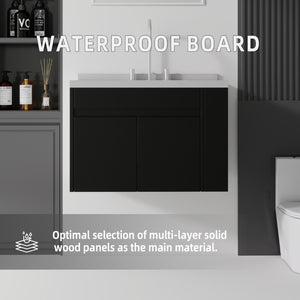 English Elm 30 Inch Wall Mounted Bathroom Vanity with Integrated Sink and Soft Close Plywood Cabinet Black Granite White B2775S00212