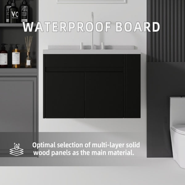 English Elm 30 Inch Wall Mounted Bathroom Vanity with Integrated Sink and Soft Close Plywood Cabinet Black Granite White B2775S00212