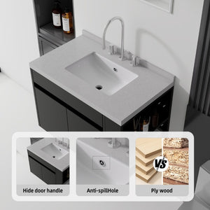 English Elm 30 Inch Wall Mounted Bathroom Vanity with Integrated Sink and Soft Close Plywood Cabinet Black Granite White B2775S00212