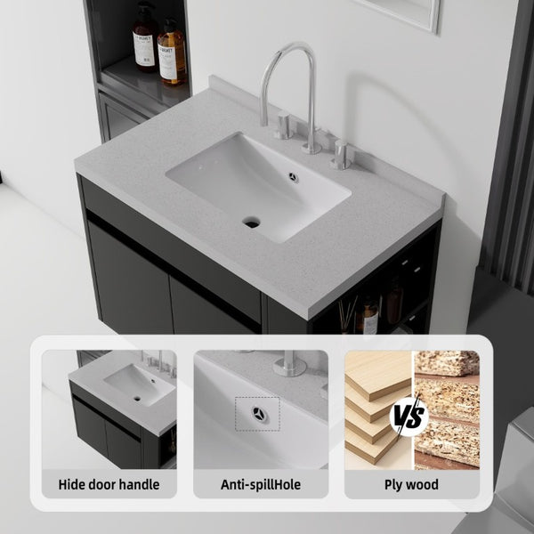 English Elm 30 Inch Wall Mounted Bathroom Vanity with Integrated Sink and Soft Close Plywood Cabinet Black Granite White B2775S00212
