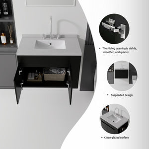 English Elm 30 Inch Wall Mounted Bathroom Vanity with Integrated Sink and Soft Close Plywood Cabinet Black Granite White B2775S00212