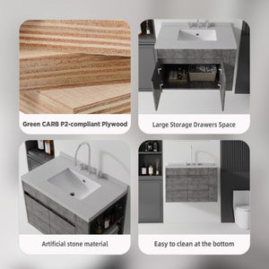 English Elm 30 Inch Wall Mounted Bathroom Vanity with Integrated Sink and Soft Close Plywood Cabinet Grey Granite White B2775S00213