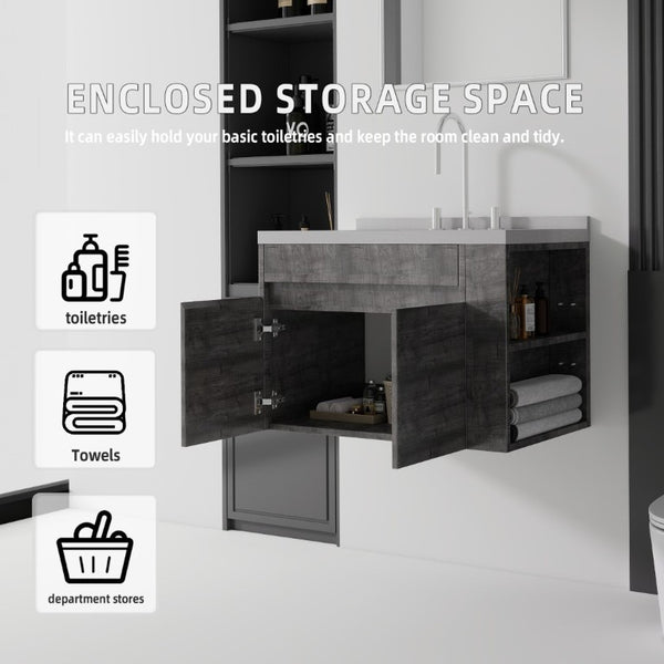 English Elm 30 Inch Wall Mounted Bathroom Vanity with Integrated Sink and Soft Close Plywood Cabinet Grey Granite White B2775S00213