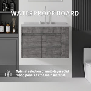 English Elm 30 Inch Wall Mounted Bathroom Vanity with Integrated Sink and Soft Close Plywood Cabinet Grey Granite White B2775S00213