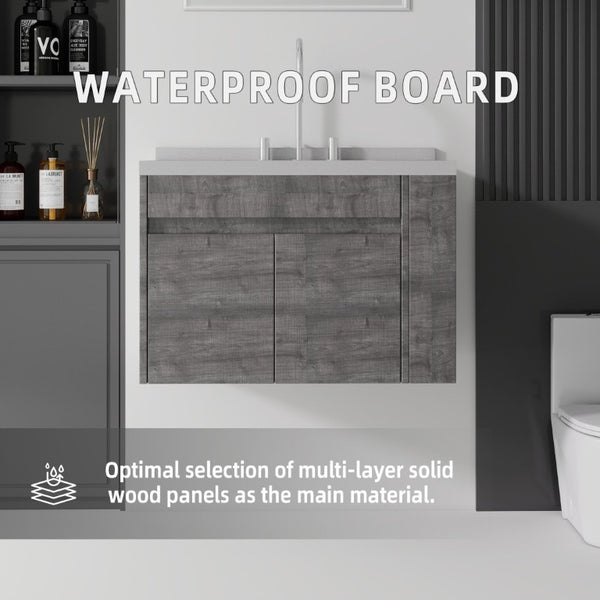 English Elm 30 Inch Wall Mounted Bathroom Vanity with Integrated Sink and Soft Close Plywood Cabinet Grey Granite White B2775S00213