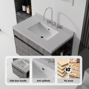 English Elm 30 Inch Wall Mounted Bathroom Vanity with Integrated Sink and Soft Close Plywood Cabinet Grey Granite White B2775S00213