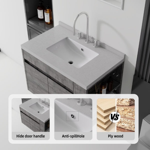 English Elm 30 Inch Wall Mounted Bathroom Vanity with Integrated Sink and Soft Close Plywood Cabinet Grey Granite White B2775S00213