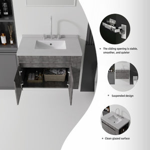 English Elm 30 Inch Wall Mounted Bathroom Vanity with Integrated Sink and Soft Close Plywood Cabinet Grey Granite White B2775S00213