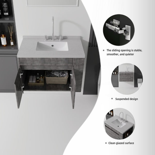 English Elm 30 Inch Wall Mounted Bathroom Vanity with Integrated Sink and Soft Close Plywood Cabinet Grey Granite White B2775S00213