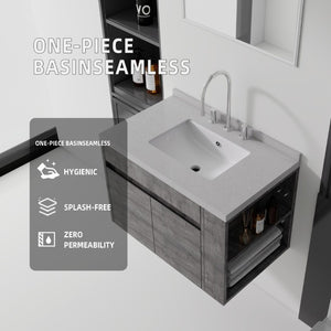 English Elm 30 Inch Wall Mounted Bathroom Vanity with Integrated Sink and Soft Close Plywood Cabinet Grey Granite White B2775S00213