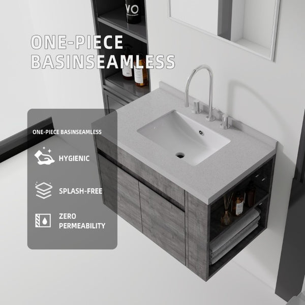 English Elm 30 Inch Wall Mounted Bathroom Vanity with Integrated Sink and Soft Close Plywood Cabinet Grey Granite White B2775S00213