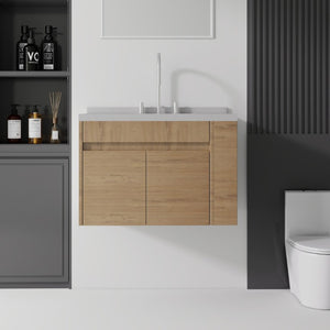English Elm 30 Inch Wall Mounted Bathroom Vanity with Integrated Sink and Soft Close Plywood Cabinet Oak Granite White B2775S00214