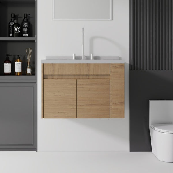 English Elm 30 Inch Wall Mounted Bathroom Vanity with Integrated Sink and Soft Close Plywood Cabinet Oak Granite White B2775S00214