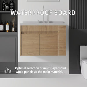 English Elm 30 Inch Wall Mounted Bathroom Vanity with Integrated Sink and Soft Close Plywood Cabinet Oak Granite White B2775S00214