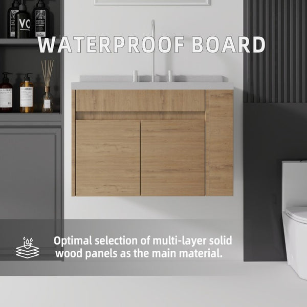 English Elm 30 Inch Wall Mounted Bathroom Vanity with Integrated Sink and Soft Close Plywood Cabinet Oak Granite White B2775S00214