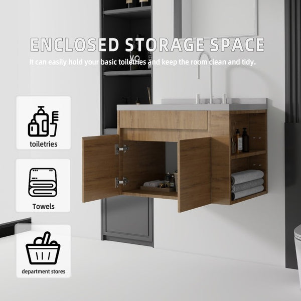 English Elm 30 Inch Wall Mounted Bathroom Vanity with Integrated Sink and Soft Close Plywood Cabinet Oak Granite White B2775S00214