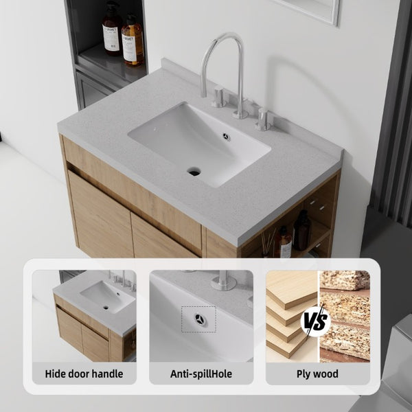 English Elm 30 Inch Wall Mounted Bathroom Vanity with Integrated Sink and Soft Close Plywood Cabinet Oak Granite White B2775S00214
