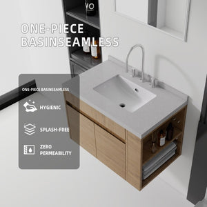 English Elm 30 Inch Wall Mounted Bathroom Vanity with Integrated Sink and Soft Close Plywood Cabinet Oak Granite White B2775S00214