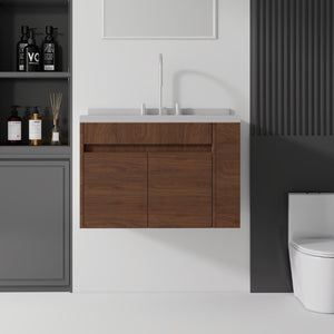 English Elm 30 Inch Wall Mounted Bathroom Vanity with Integrated Sink and Soft Close Plywood Cabinet Brown Granite White B2775S00215