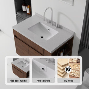 English Elm 30 Inch Wall Mounted Bathroom Vanity with Integrated Sink and Soft Close Plywood Cabinet Brown Granite White B2775S00215