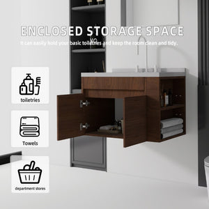 English Elm 30 Inch Wall Mounted Bathroom Vanity with Integrated Sink and Soft Close Plywood Cabinet Brown Granite White B2775S00215