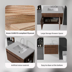 English Elm 30 Inch Wall Mounted Bathroom Vanity with Integrated Sink and Soft Close Plywood Cabinet Brown Granite White B2775S00215