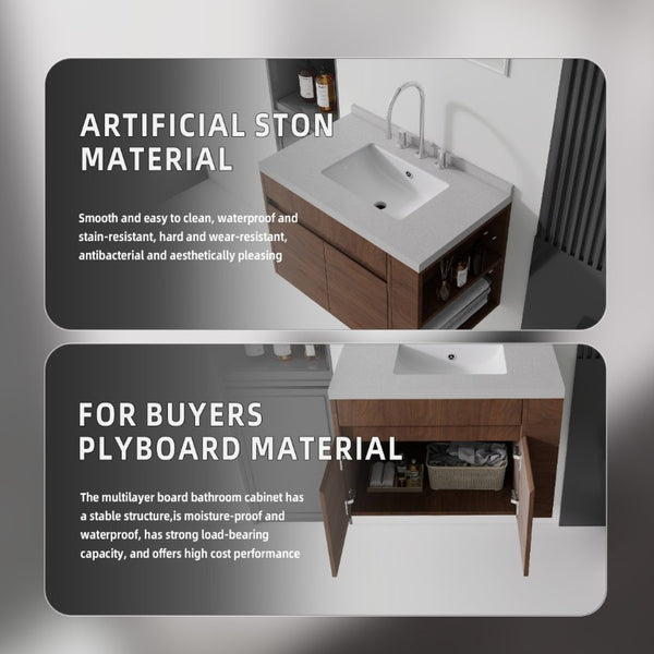 English Elm 30 Inch Wall Mounted Bathroom Vanity with Integrated Sink and Soft Close Plywood Cabinet Brown Granite White B2775S00215