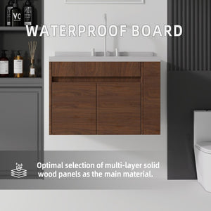 English Elm 30 Inch Wall Mounted Bathroom Vanity with Integrated Sink and Soft Close Plywood Cabinet Brown Granite White B2775S00215