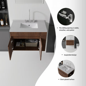 English Elm 30 Inch Wall Mounted Bathroom Vanity with Integrated Sink and Soft Close Plywood Cabinet Brown Granite White B2775S00215
