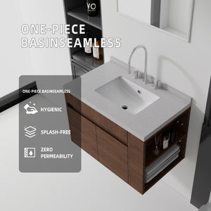 English Elm 30 Inch Wall Mounted Bathroom Vanity with Integrated Sink and Soft Close Plywood Cabinet Brown Granite White B2775S00215
