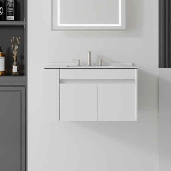 English Elm 36 Inch Floating Bathroom Vanity with Cultured Marble Top Undermount Sink Soft Close White Carrara White B2775S00216