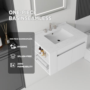 English Elm 36 Inch Floating Bathroom Vanity with Cultured Marble Top Undermount Sink Soft Close White Carrara White B2775S00216