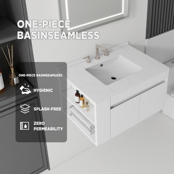 English Elm 36 Inch Floating Bathroom Vanity with Cultured Marble Top Undermount Sink Soft Close White Carrara White B2775S00216