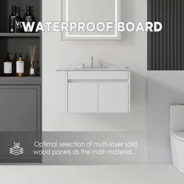 English Elm 36 Inch Floating Bathroom Vanity with Cultured Marble Top Undermount Sink Soft Close White Carrara White B2775S00216
