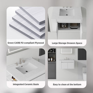 English Elm 36 Inch Floating Bathroom Vanity with Cultured Marble Top Undermount Sink Soft Close White Carrara White B2775S00216