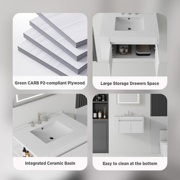 English Elm 36 Inch Floating Bathroom Vanity with Cultured Marble Top Undermount Sink Soft Close White Carrara White B2775S00216
