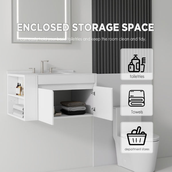 English Elm 36 Inch Floating Bathroom Vanity with Cultured Marble Top Undermount Sink Soft Close White Carrara White B2775S00216