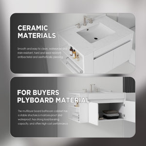 English Elm 36 Inch Floating Bathroom Vanity with Cultured Marble Top Undermount Sink Soft Close White Carrara White B2775S00216
