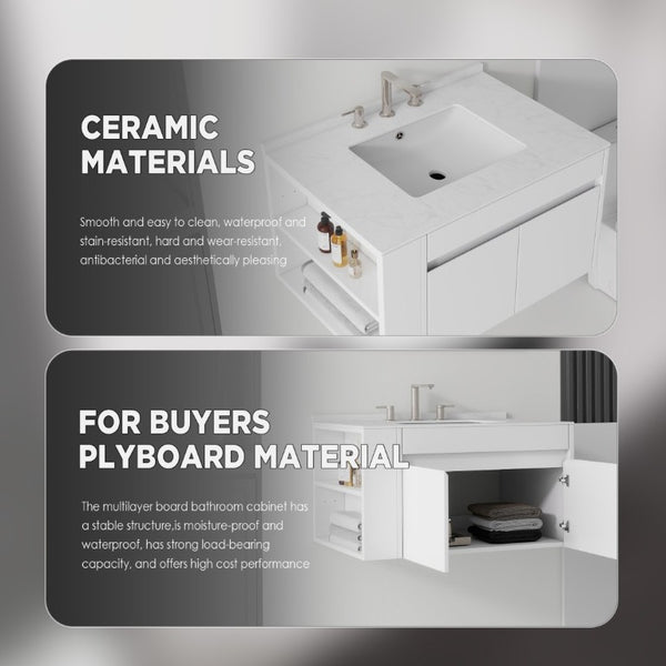 English Elm 36 Inch Floating Bathroom Vanity with Cultured Marble Top Undermount Sink Soft Close White Carrara White B2775S00216