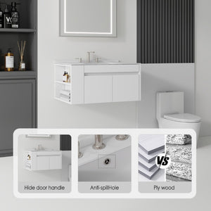 English Elm 36 Inch Floating Bathroom Vanity with Cultured Marble Top Undermount Sink Soft Close White Carrara White B2775S00216