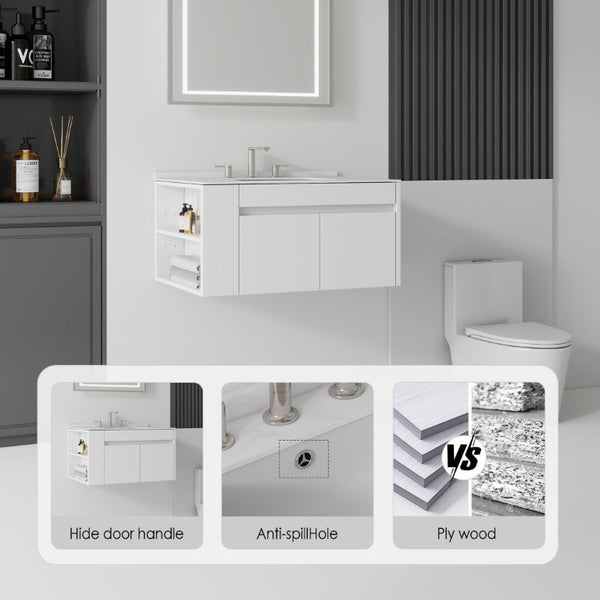 English Elm 36 Inch Floating Bathroom Vanity with Cultured Marble Top Undermount Sink Soft Close White Carrara White B2775S00216